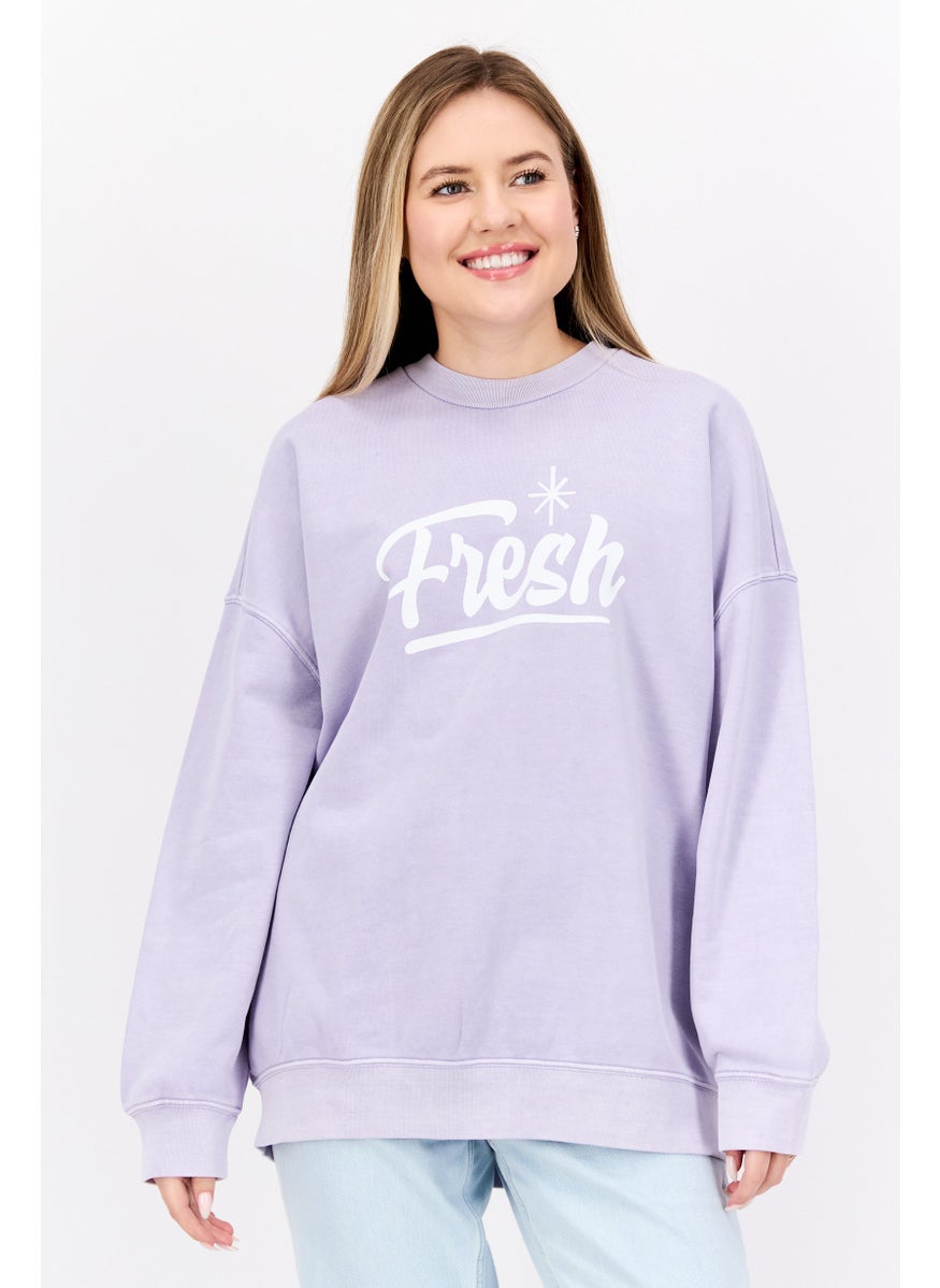Women Crew Neck Long Sleeves Graphic Print Sweatshirt, Lavender