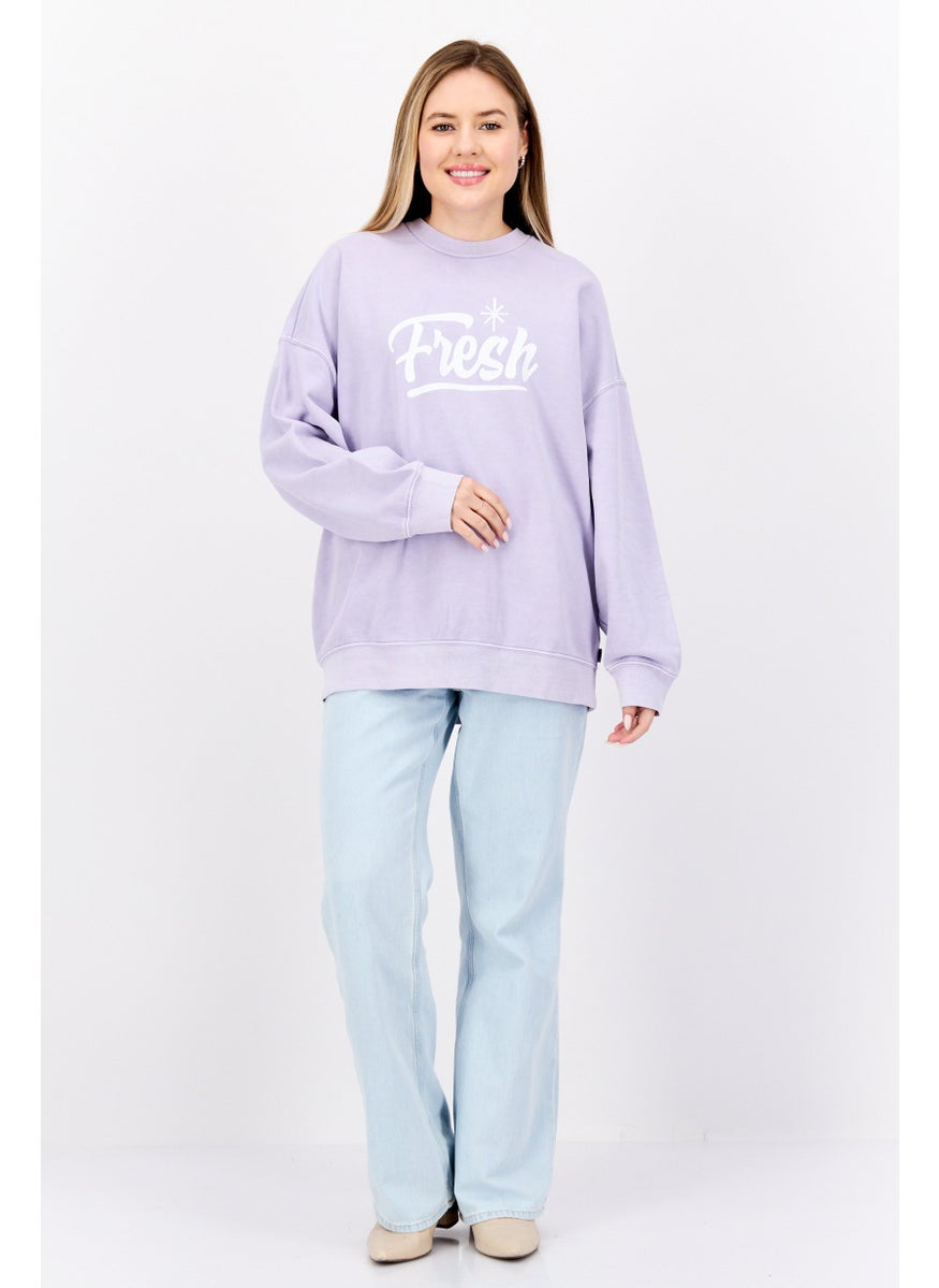 Women Crew Neck Long Sleeves Graphic Print Sweatshirt, Lavender