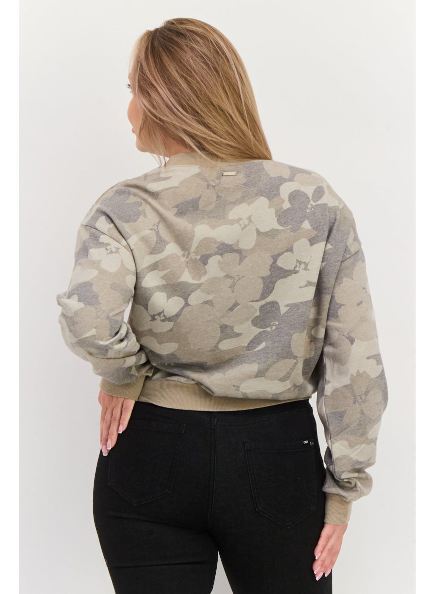 Women Crew Neck Long Sleeve Camouflage Sweatshirt, Khaki
