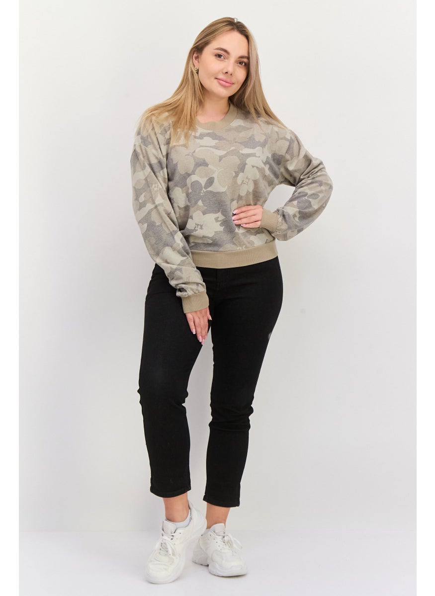 Women Crew Neck Long Sleeve Camouflage Sweatshirt, Khaki
