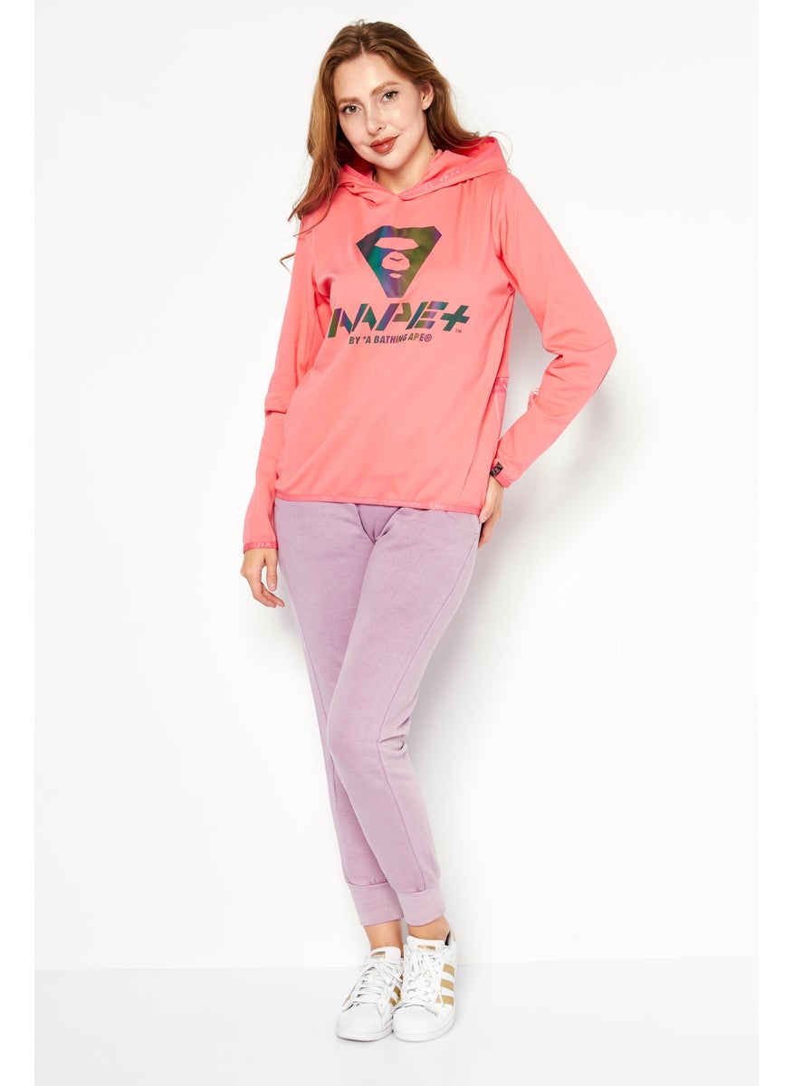 Women Hooded Long Sleeves Brand Logo Sweatshirt, Pink