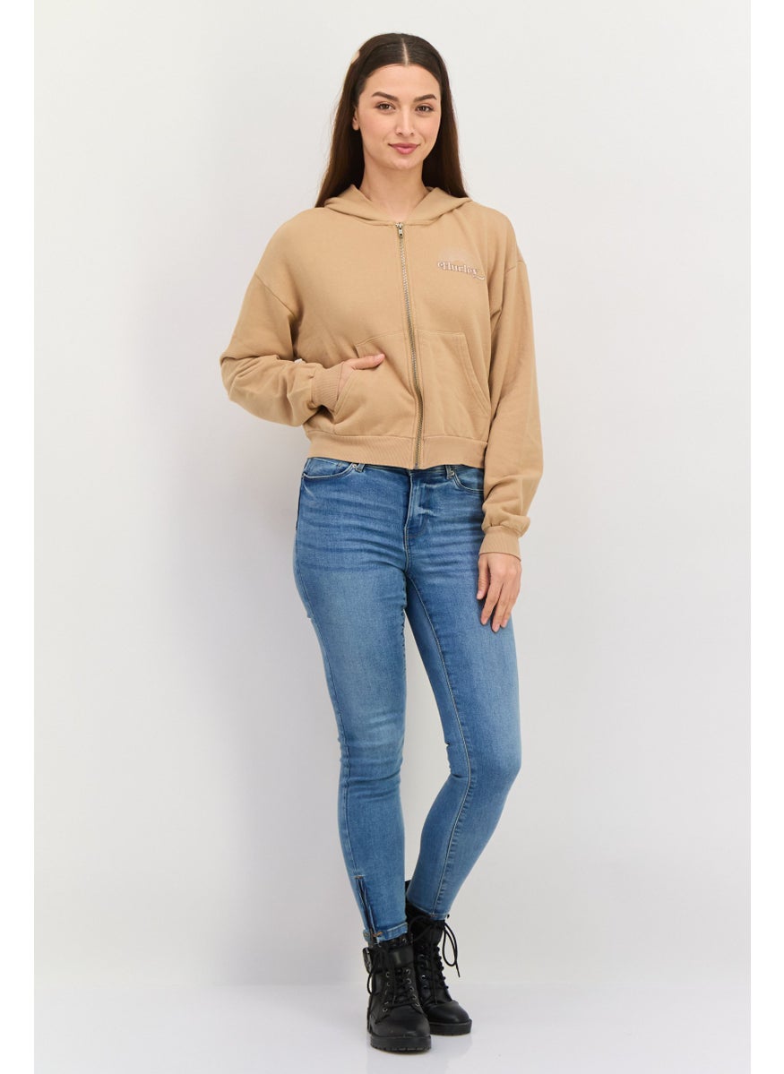 Women Long Sleeves Hooded Sweatshirt, Tan