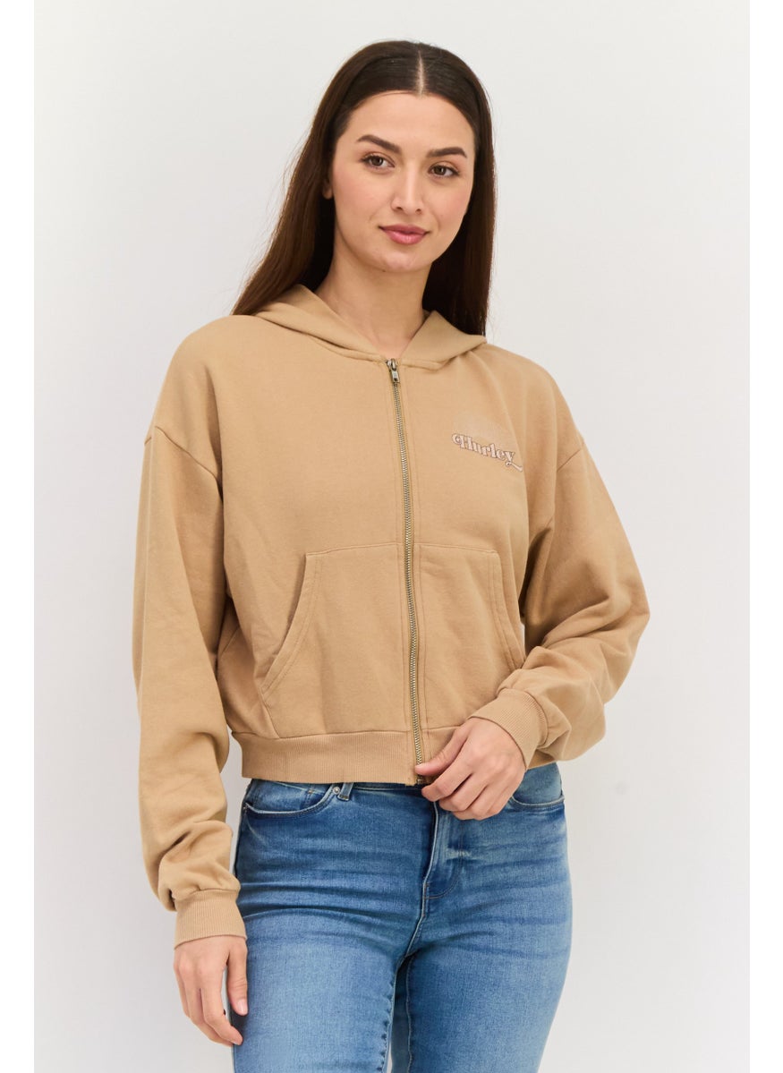 Women Long Sleeves Hooded Sweatshirt, Tan