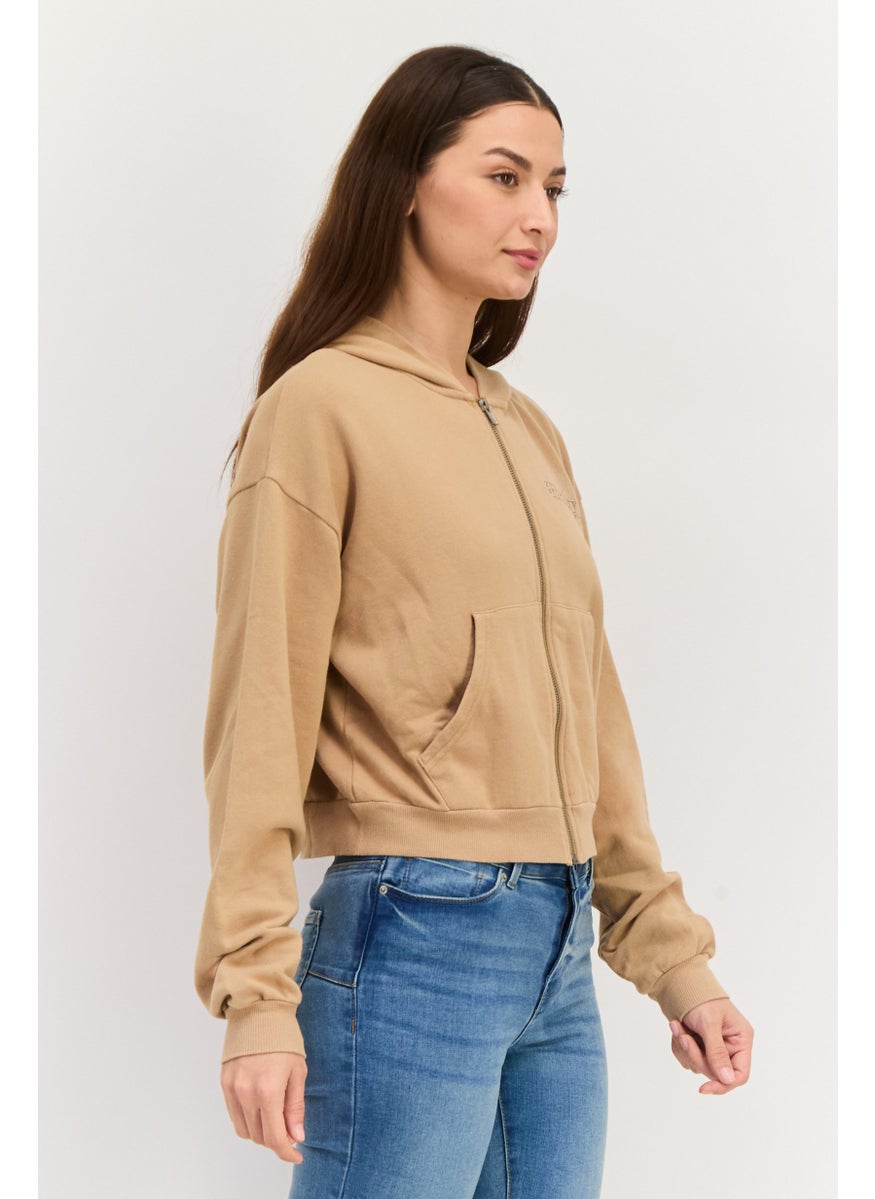 Women Long Sleeves Hooded Sweatshirt, Tan