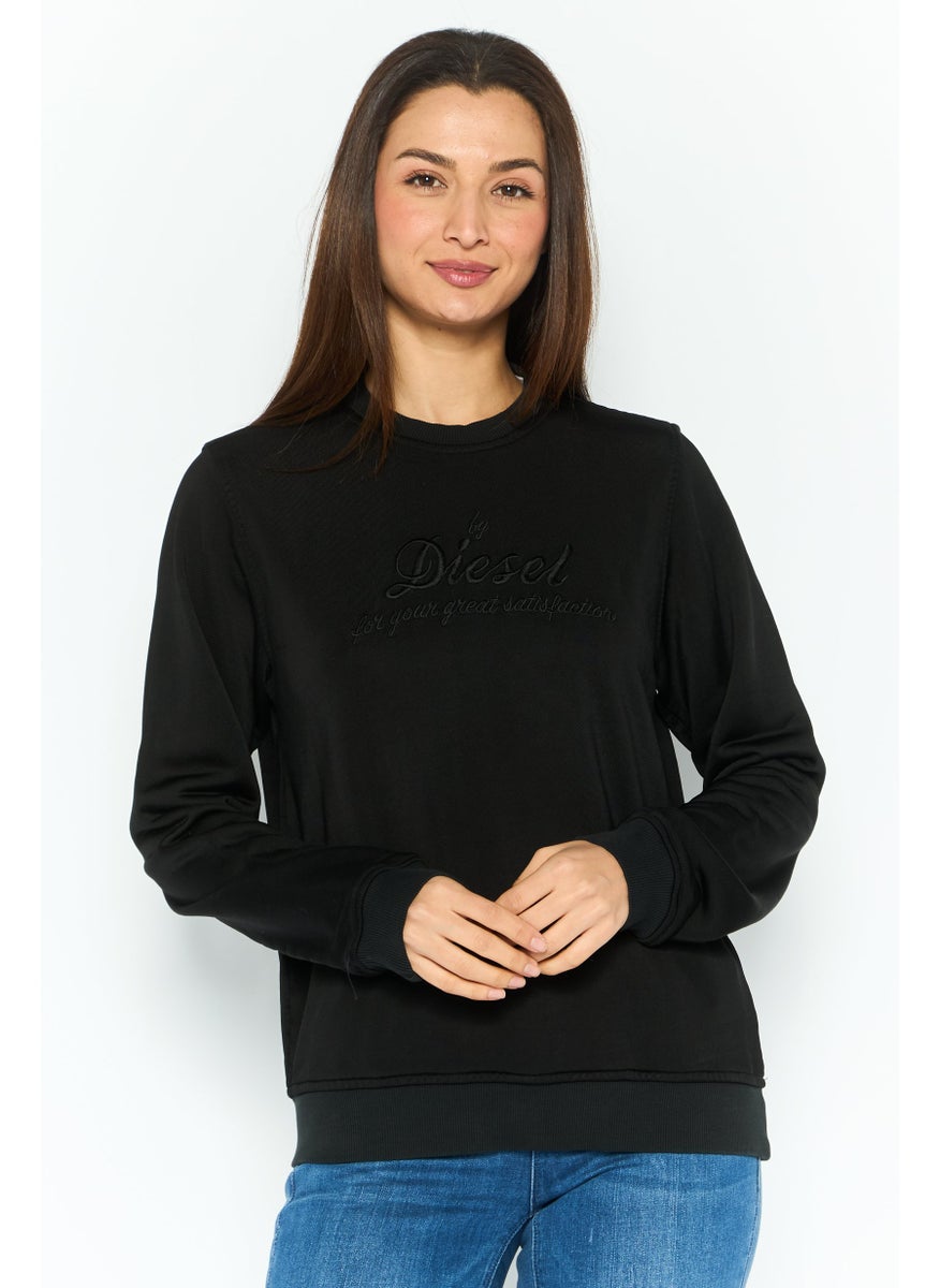 Women Crew Neck Long Sleeves Embroidered Sweatshirts, Black