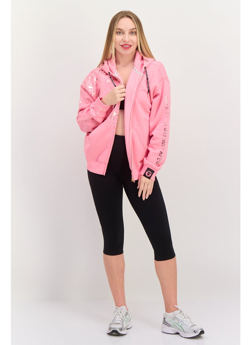 Women Graphic Print Long Sleeve Hooded Sweatshirt, Pink