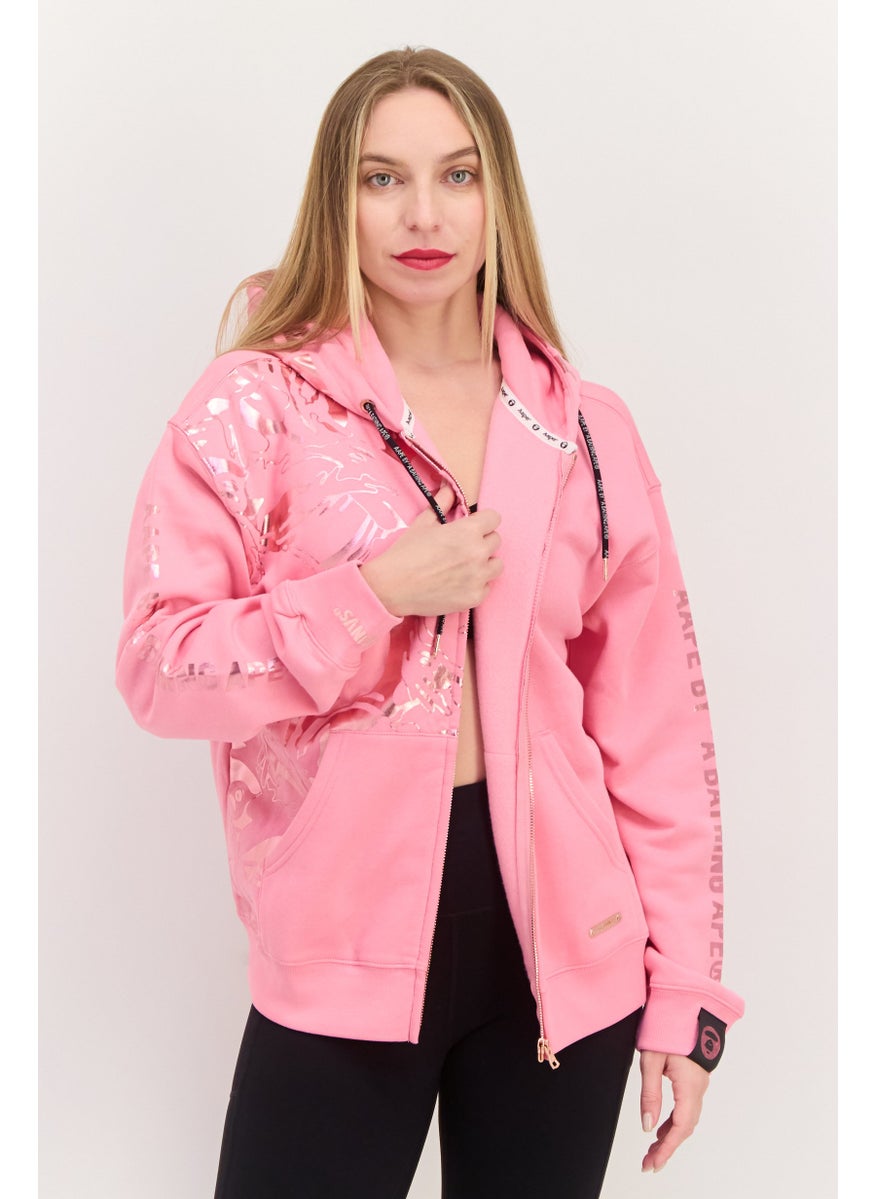 Women Graphic Print Long Sleeve Hooded Sweatshirt, Pink
