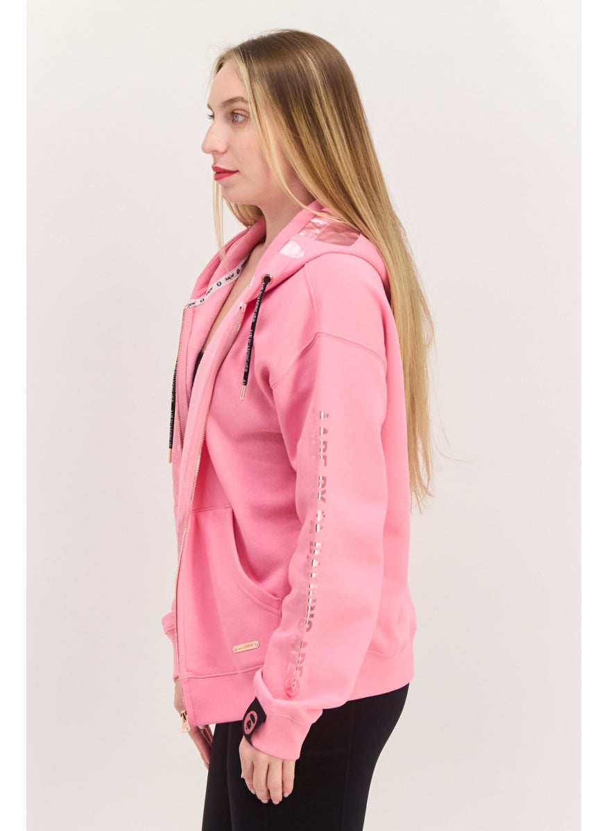 Women Graphic Print Long Sleeve Hooded Sweatshirt, Pink