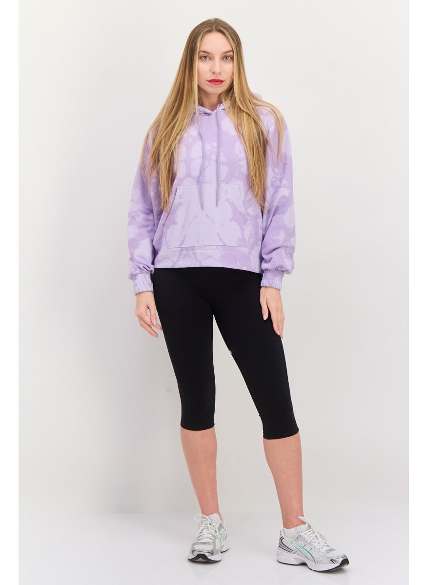 Women Allover Print Long Sleeves Hooded Sweatshirt, Lavender