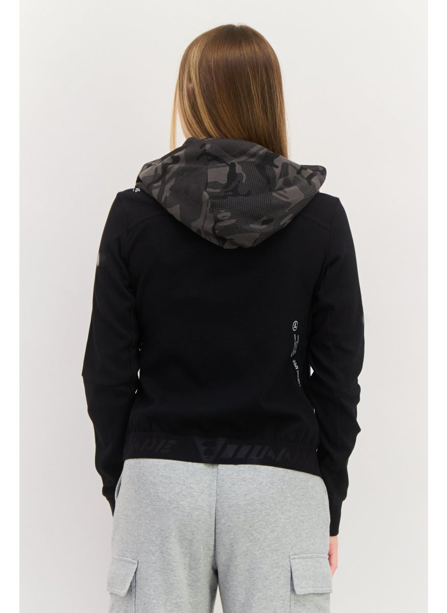 Women Graphic Long Sleeve Hooded Sweatshirts, Black Combo