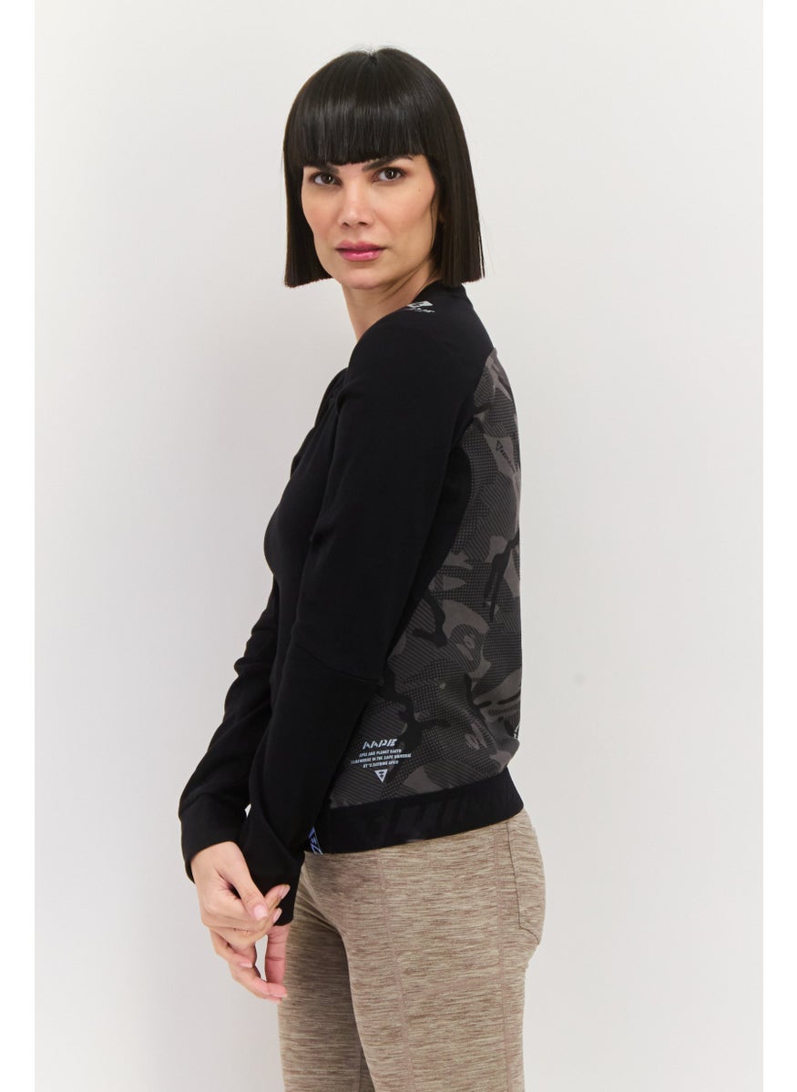 Women Crew Neck Two Tone Sweatshirts, Black