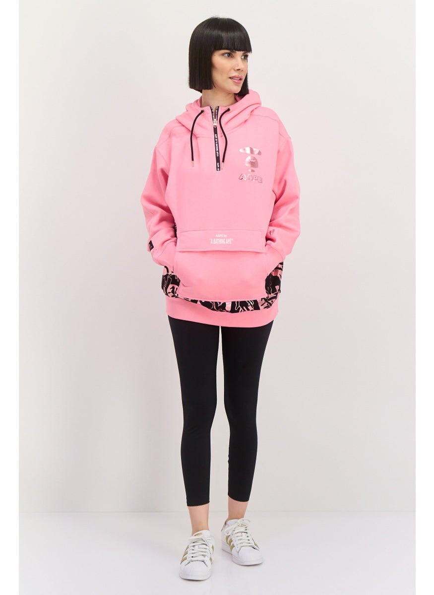 Women Printed Logo Half Zip Hoodie, Pink