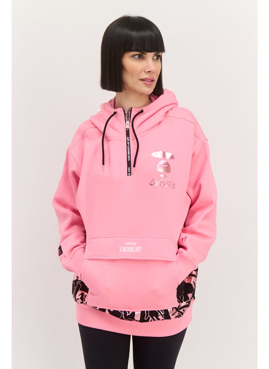 Women Printed Logo Half Zip Hoodie, Pink