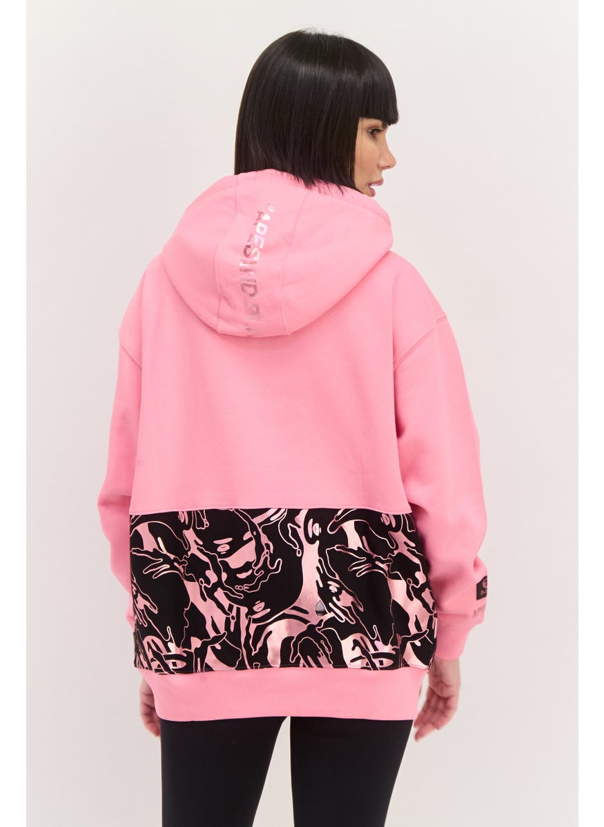 Women Printed Logo Half Zip Hoodie, Pink