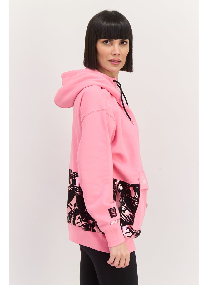 Women Printed Logo Half Zip Hoodie, Pink