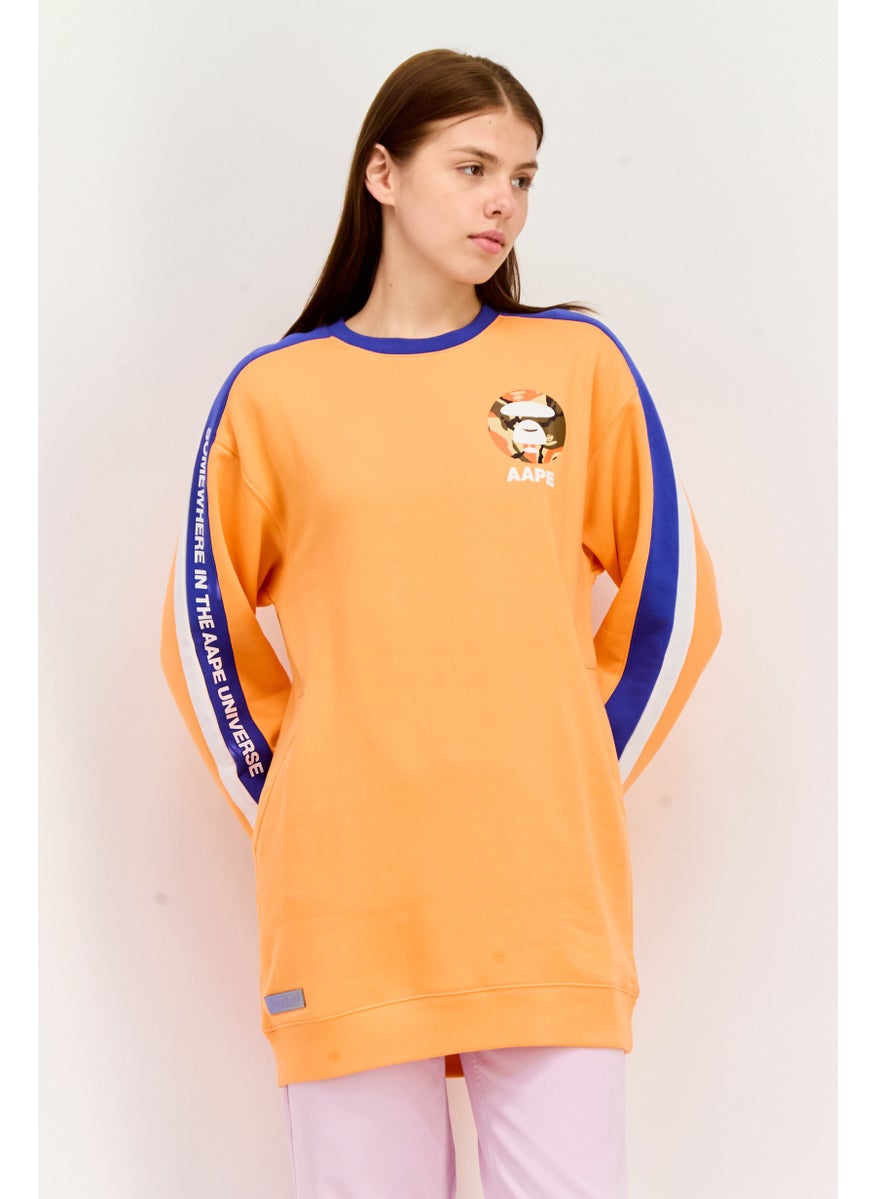 Women Crew Neck Long Sleeve Brand Logo Sweatshirts, Orange