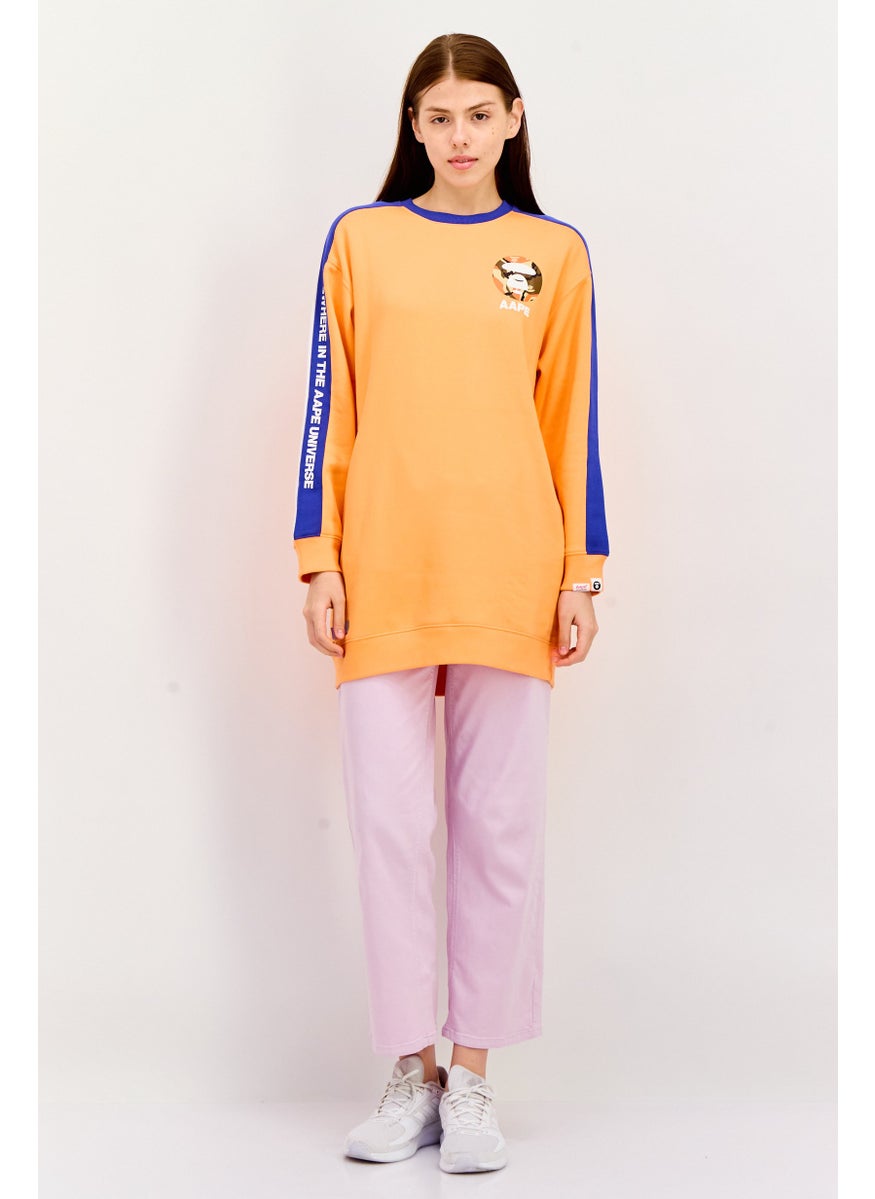 Women Crew Neck Long Sleeve Brand Logo Sweatshirts, Orange