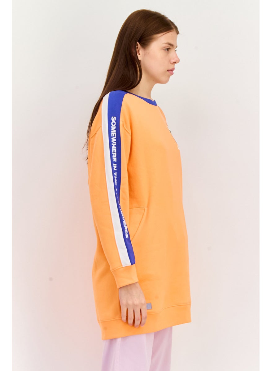 Women Crew Neck Long Sleeve Brand Logo Sweatshirts, Orange