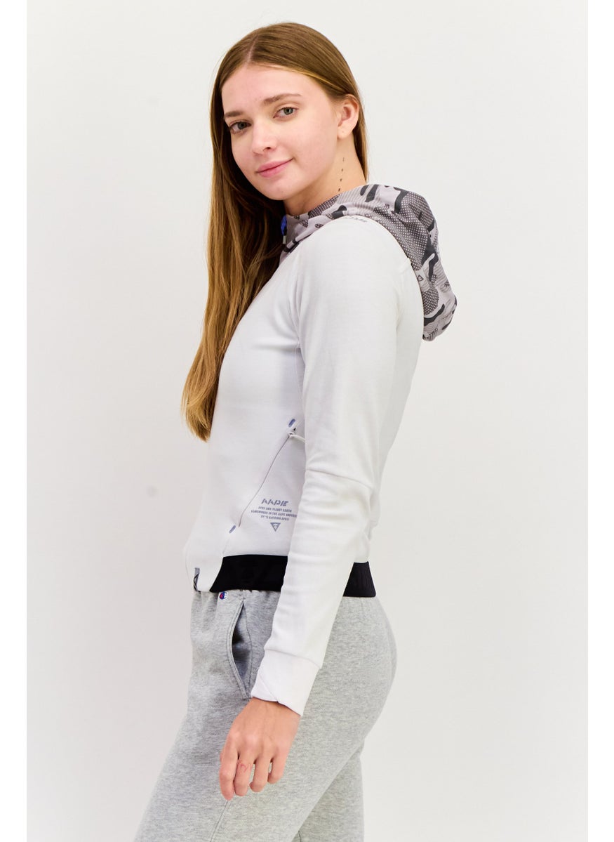 Women Hooded Neck Long Sleeves Graphic Print Sweatshirt, White