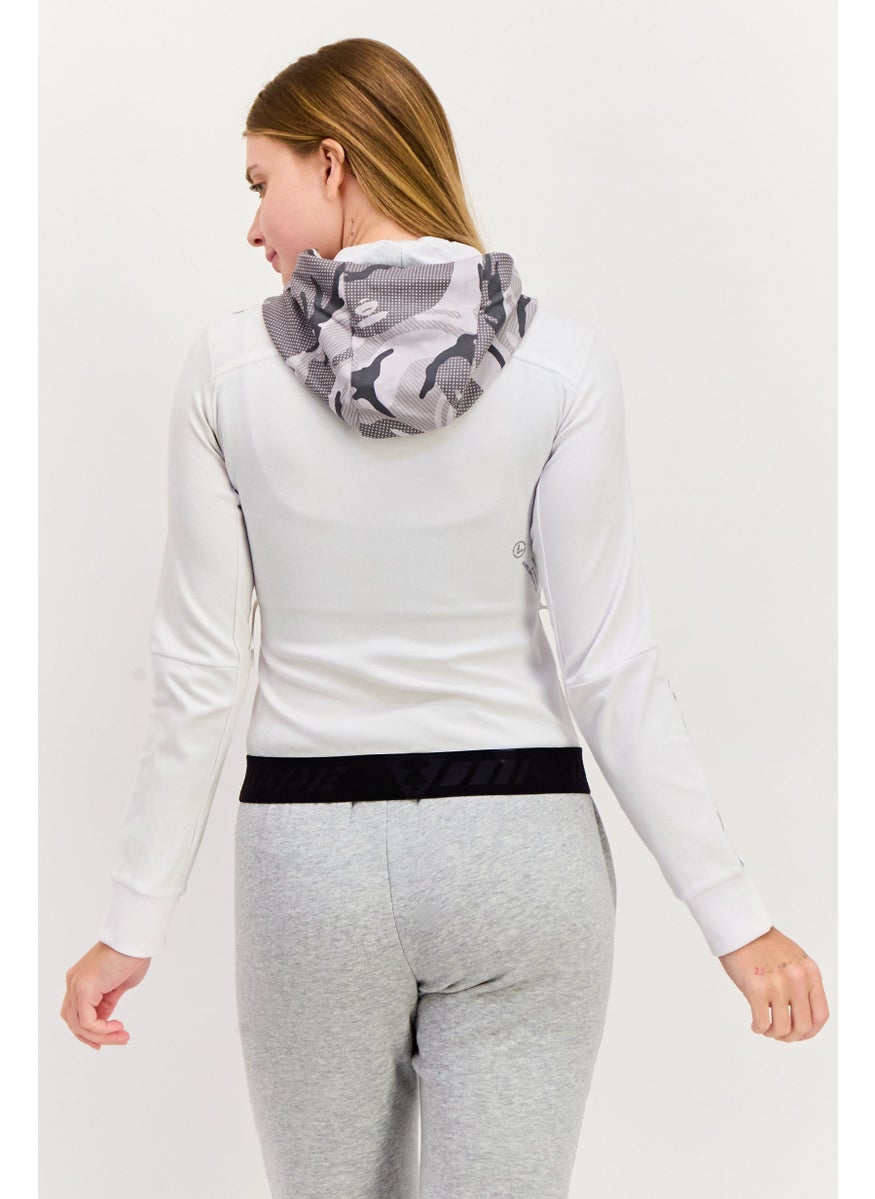 Women Hooded Neck Long Sleeves Graphic Print Sweatshirt, White