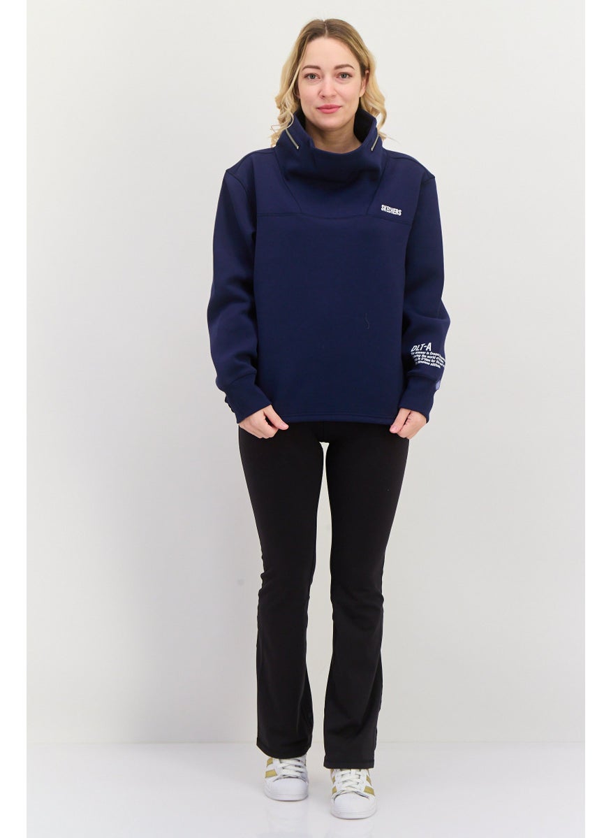 Women Sportswear Fit Long Sleeves Outdoor Sweatshirt, Navy Blue