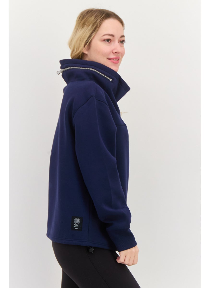 Women Sportswear Fit Long Sleeves Outdoor Sweatshirt, Navy Blue