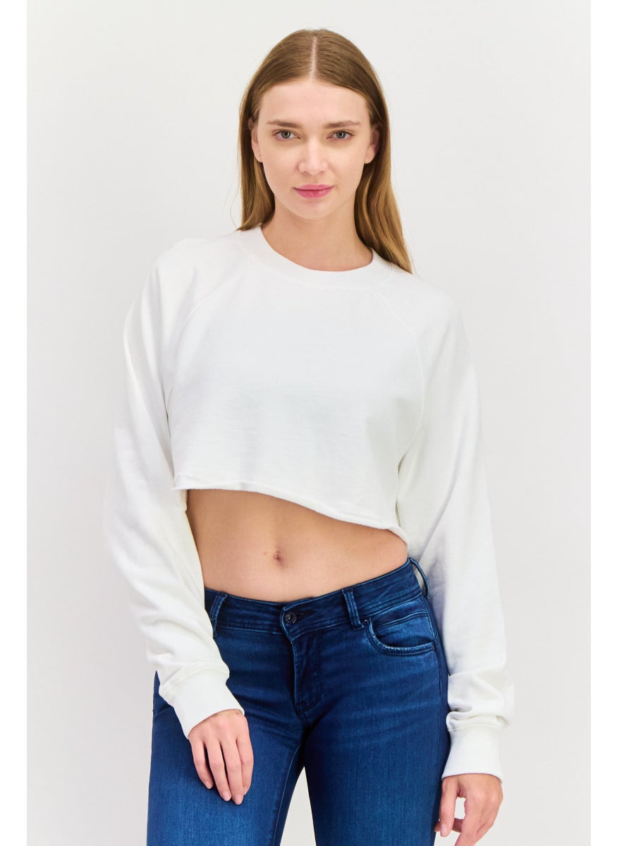 Women Crew Neck Long Sleeves Solid Crop Sweatshirt, White