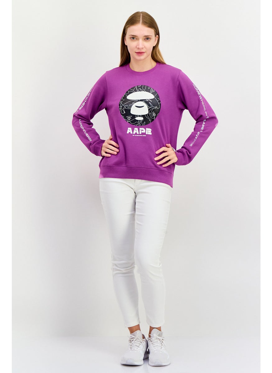 Women Crew Neck Graphic Print Long Sleeves Sweatshirt, Purple Combo