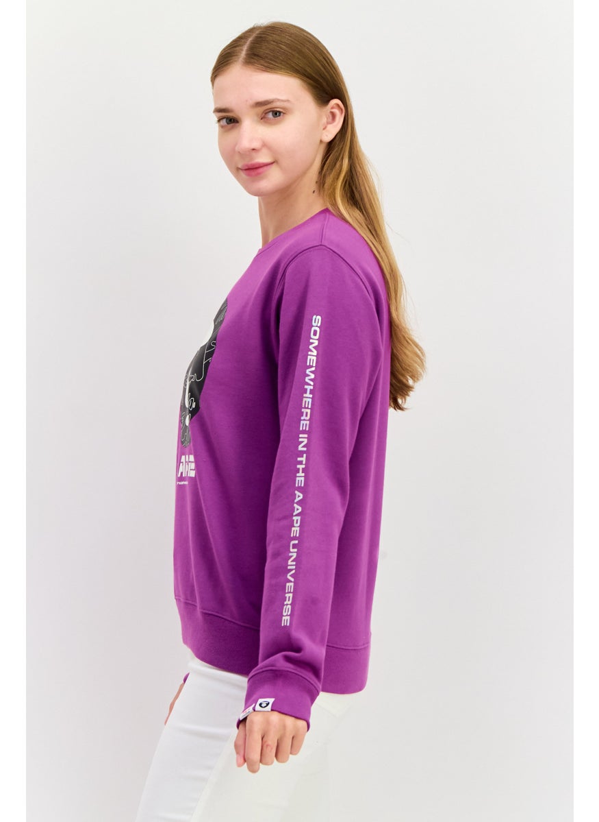 Women Crew Neck Graphic Print Long Sleeves Sweatshirt, Purple Combo