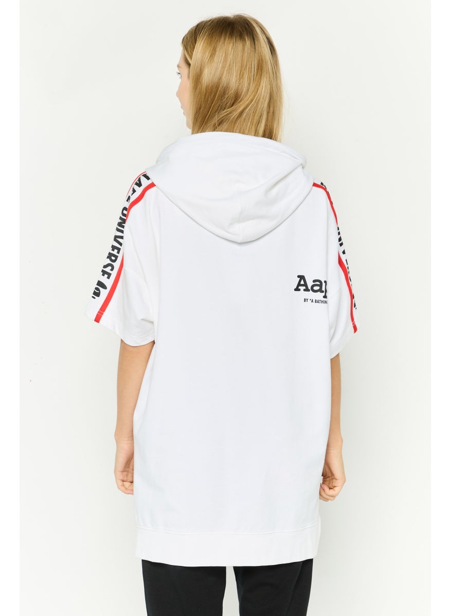 Women Hooded  Brand Logo Short Sleeves Sweatshirt, White Combo