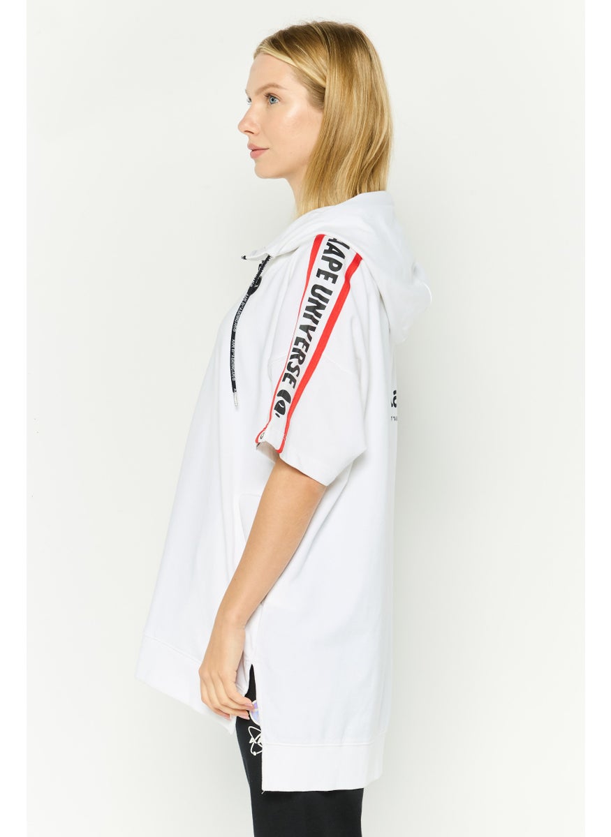 Women Hooded  Brand Logo Short Sleeves Sweatshirt, White Combo