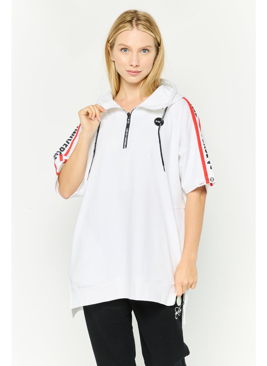 Women Hooded  Brand Logo Short Sleeves Sweatshirt, White Combo