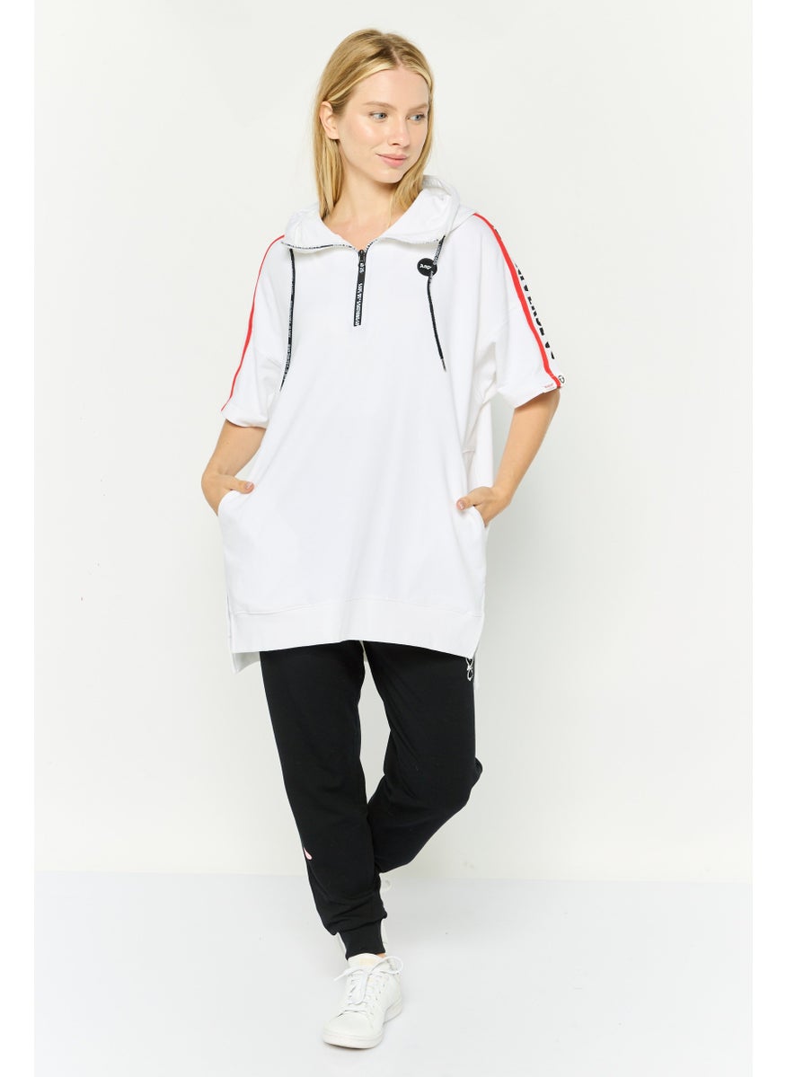 Women Hooded  Brand Logo Short Sleeves Sweatshirt, White Combo