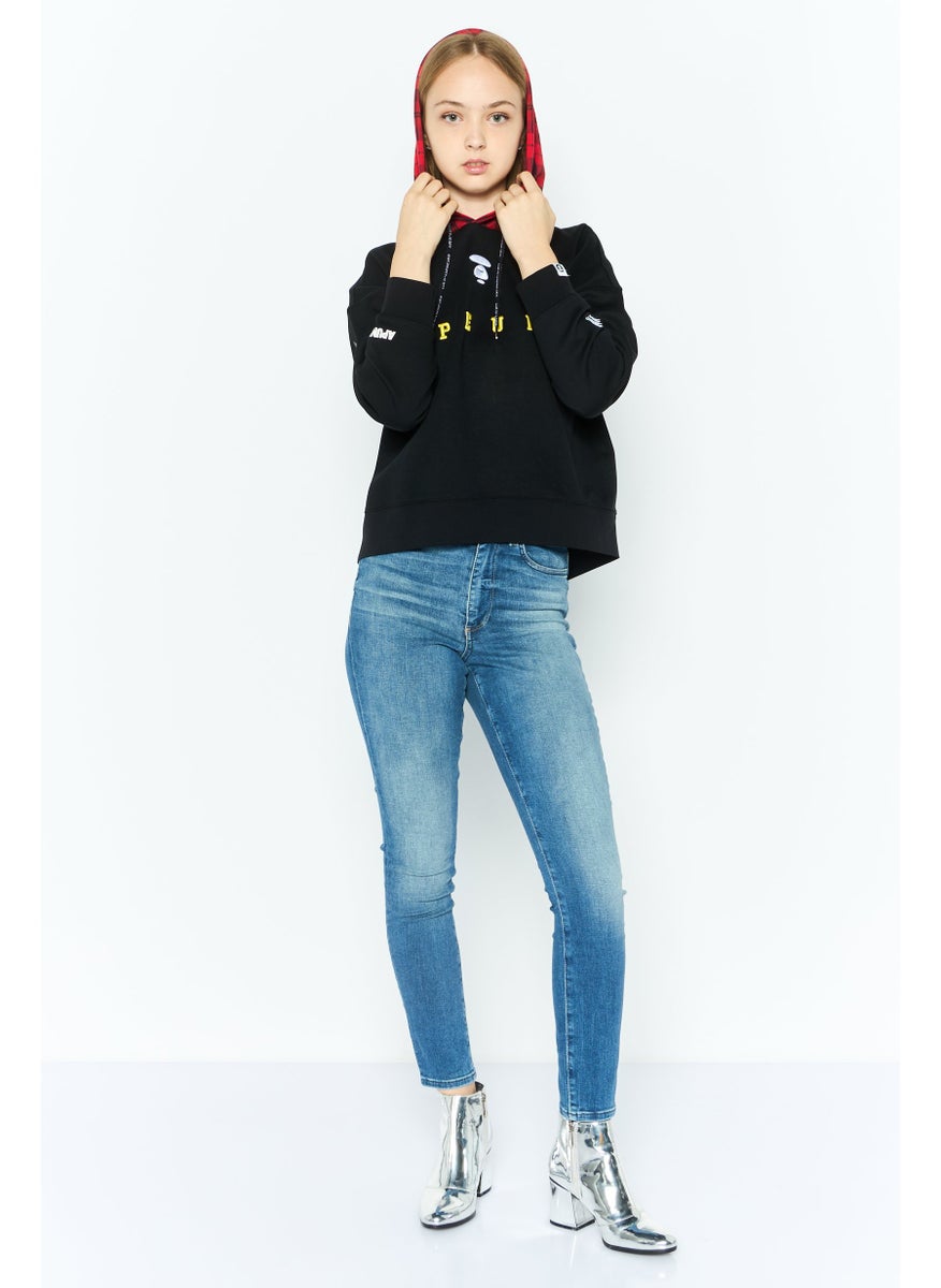 Women Embroidered Hooded Sweatshirts, Black