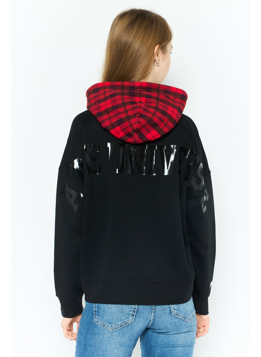 Women Embroidered Hooded Sweatshirts, Black