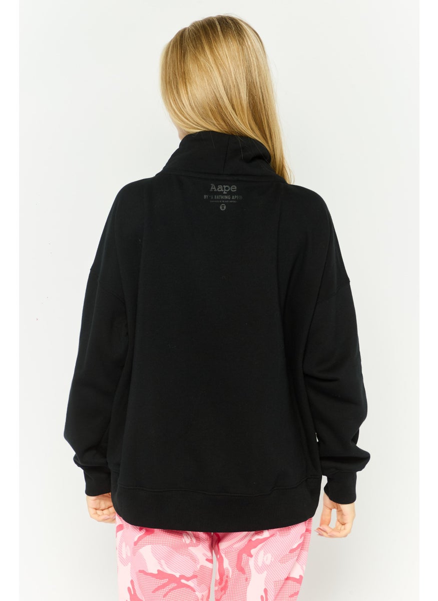 Women Mock Neck Graphic Print Sweatshirt, Black