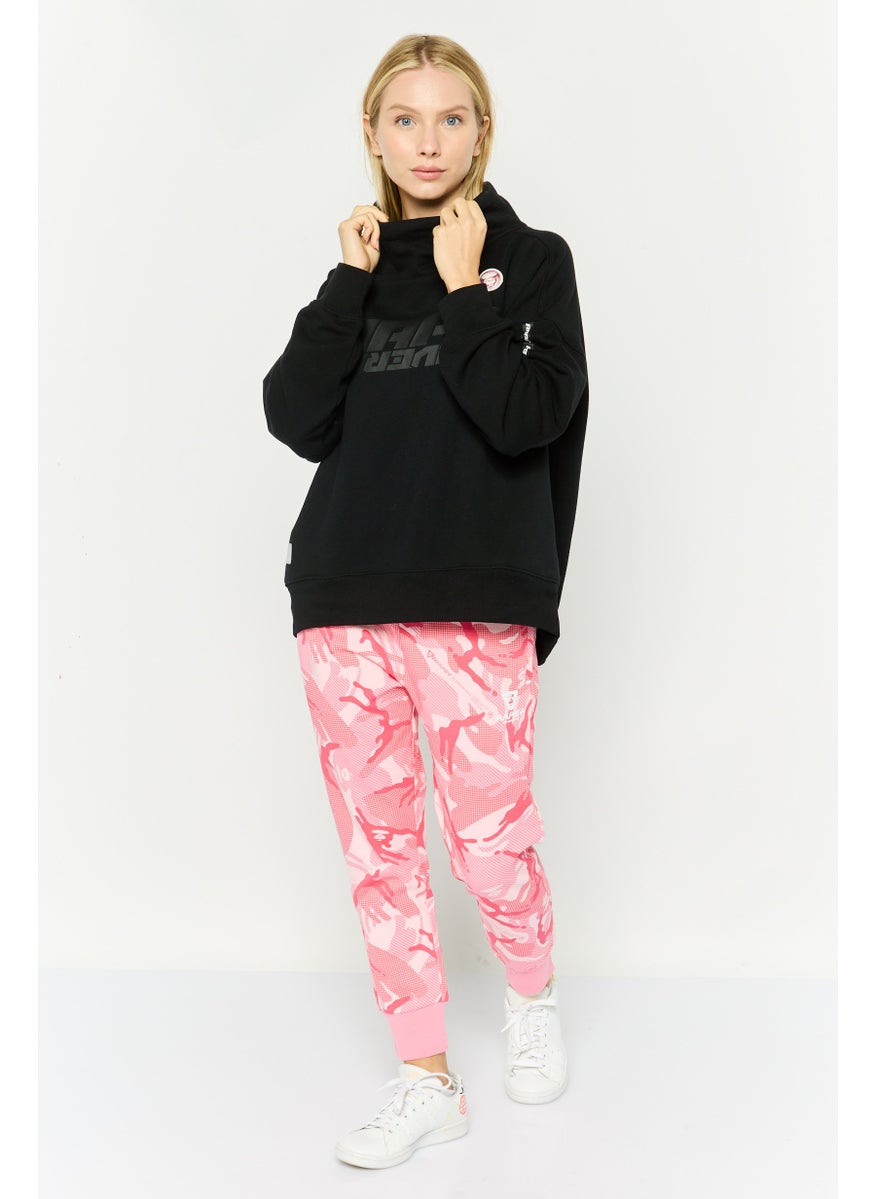 Women Mock Neck Graphic Print Sweatshirt, Black