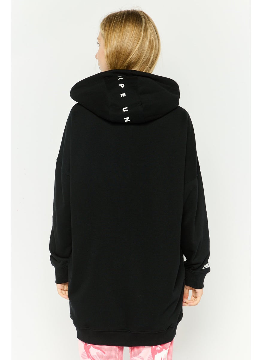 Women Hood Neck Textured Hoodie, Black