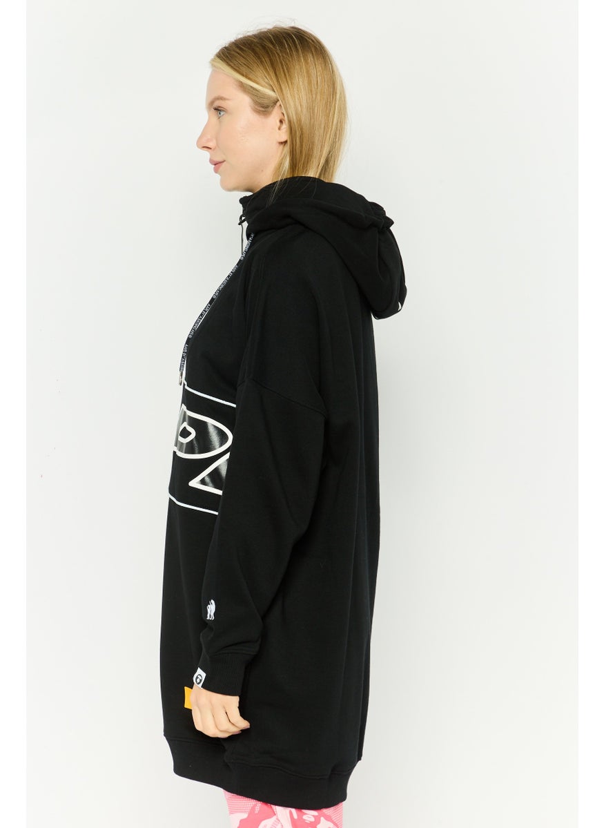 Women Hood Neck Textured Hoodie, Black