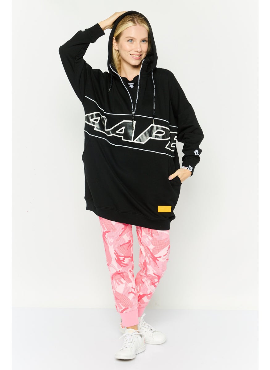 Women Hood Neck Textured Hoodie, Black