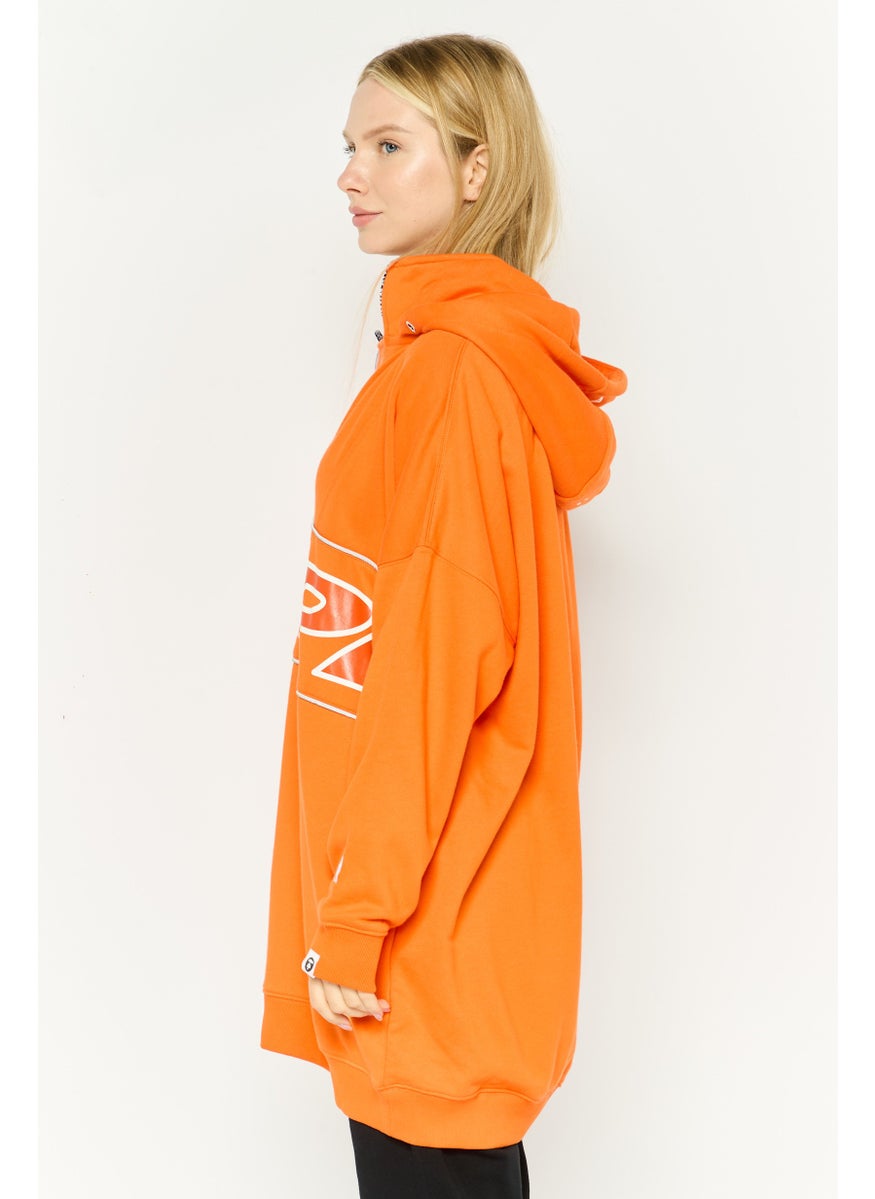 Women Hood Neck Textured Long Sleeves Sweatshirt, Orange