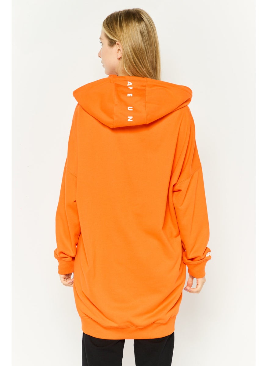 Women Hood Neck Textured Long Sleeves Sweatshirt, Orange