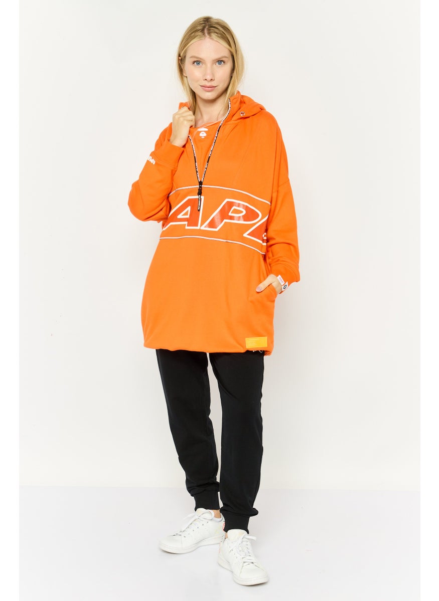 Women Hood Neck Textured Long Sleeves Sweatshirt, Orange