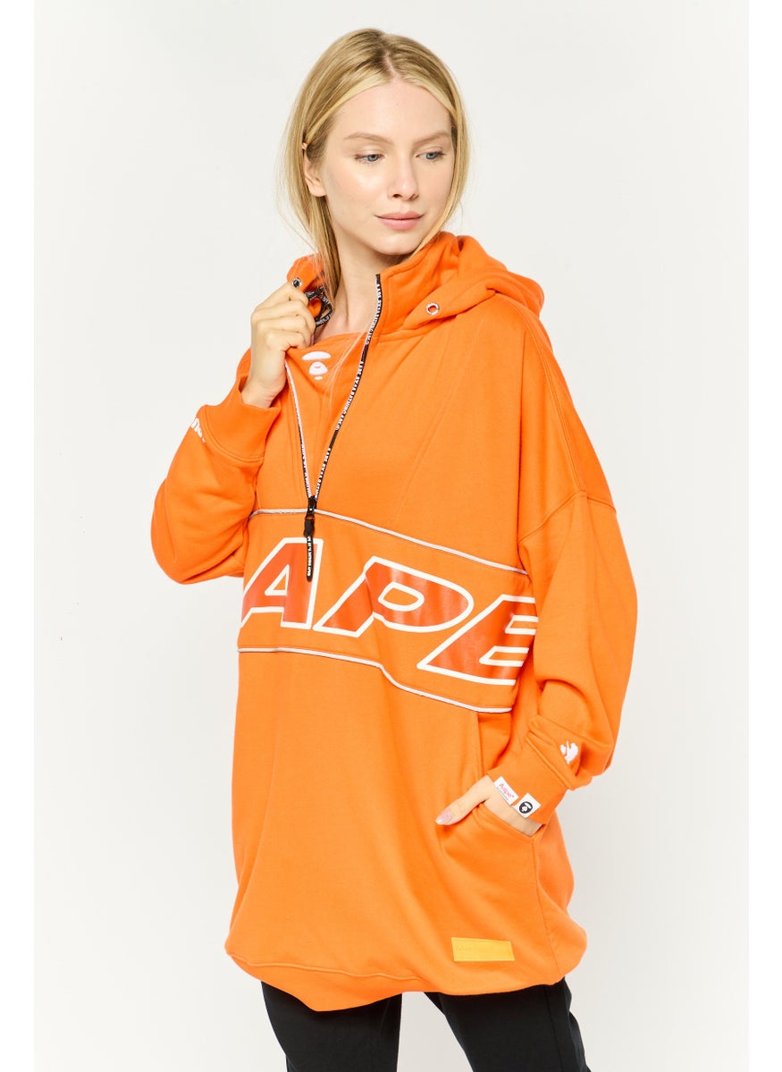 Women Hood Neck Textured Long Sleeves Sweatshirt, Orange