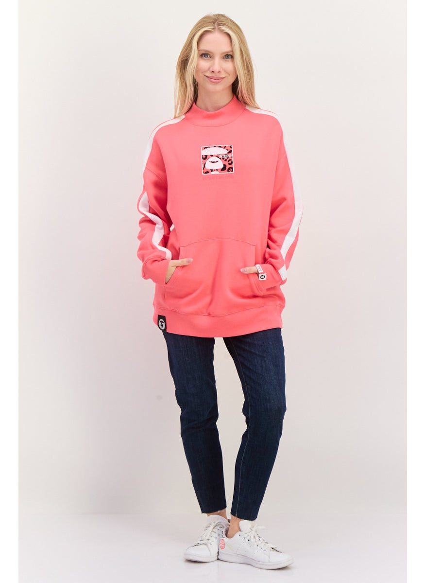 Women Mock Neck Embroidered Print Long Sleeves Sweatshirt, Pink