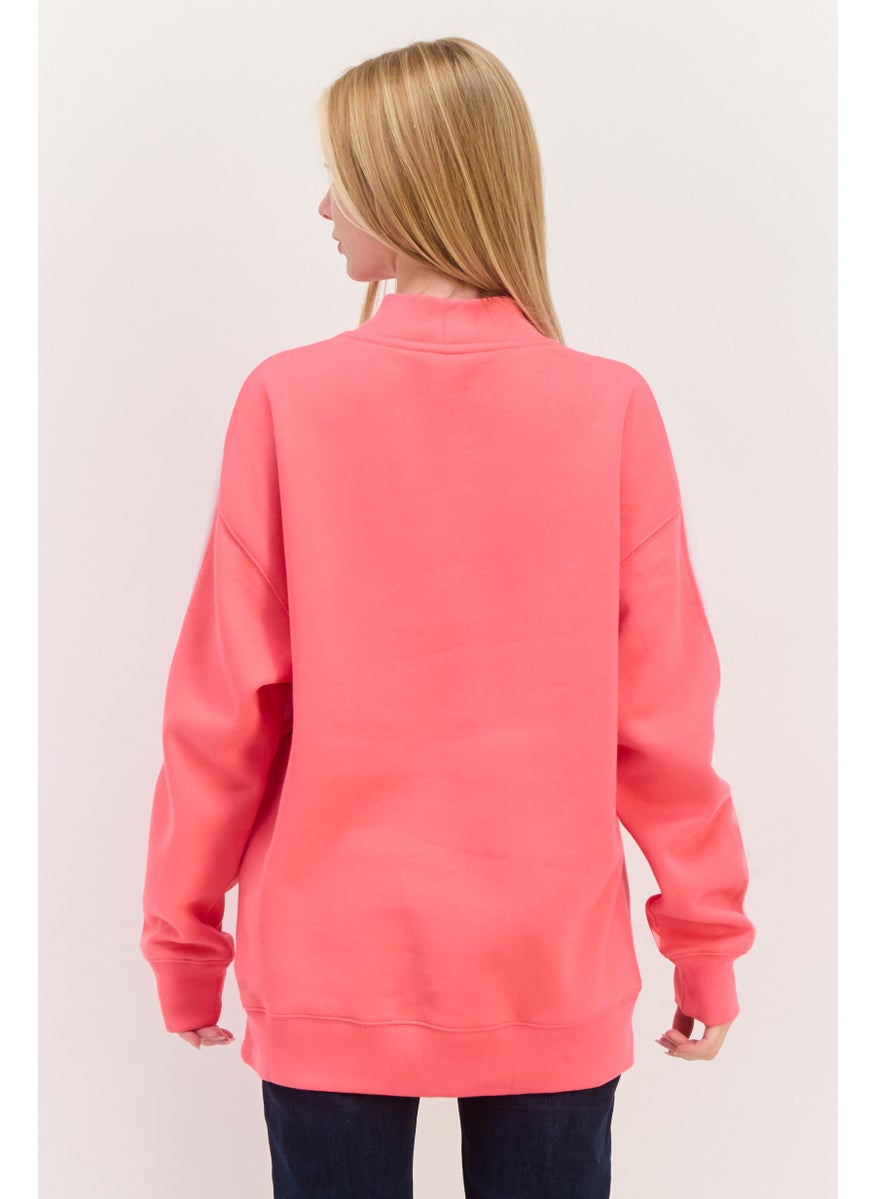 Women Mock Neck Embroidered Print Long Sleeves Sweatshirt, Pink