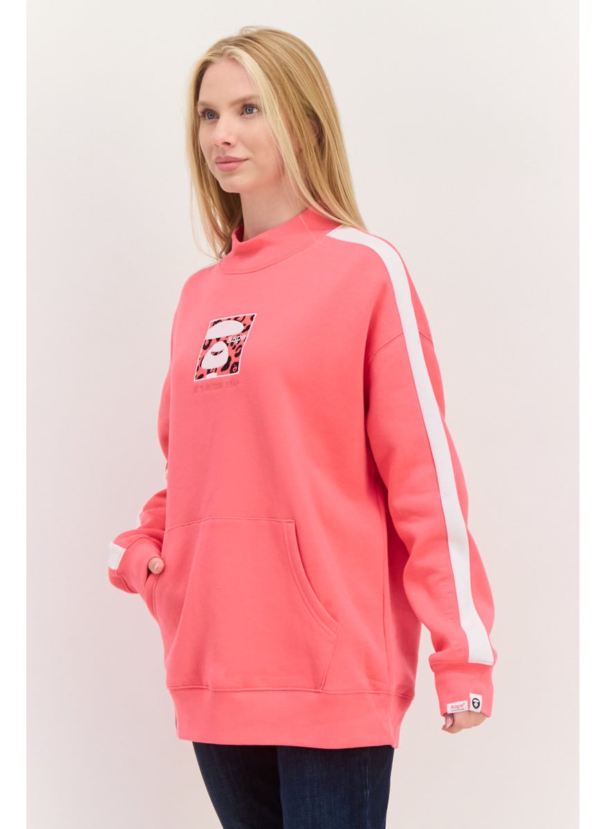 Women Mock Neck Embroidered Print Long Sleeves Sweatshirt, Pink