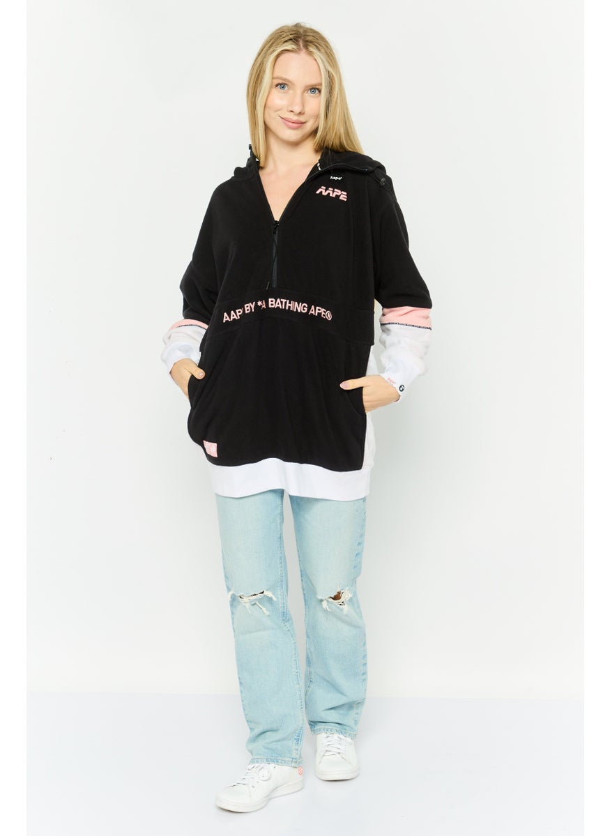 Women Hooded Embroidered Logo Long Sleeve Fleece Sweatshirt, Black Combo