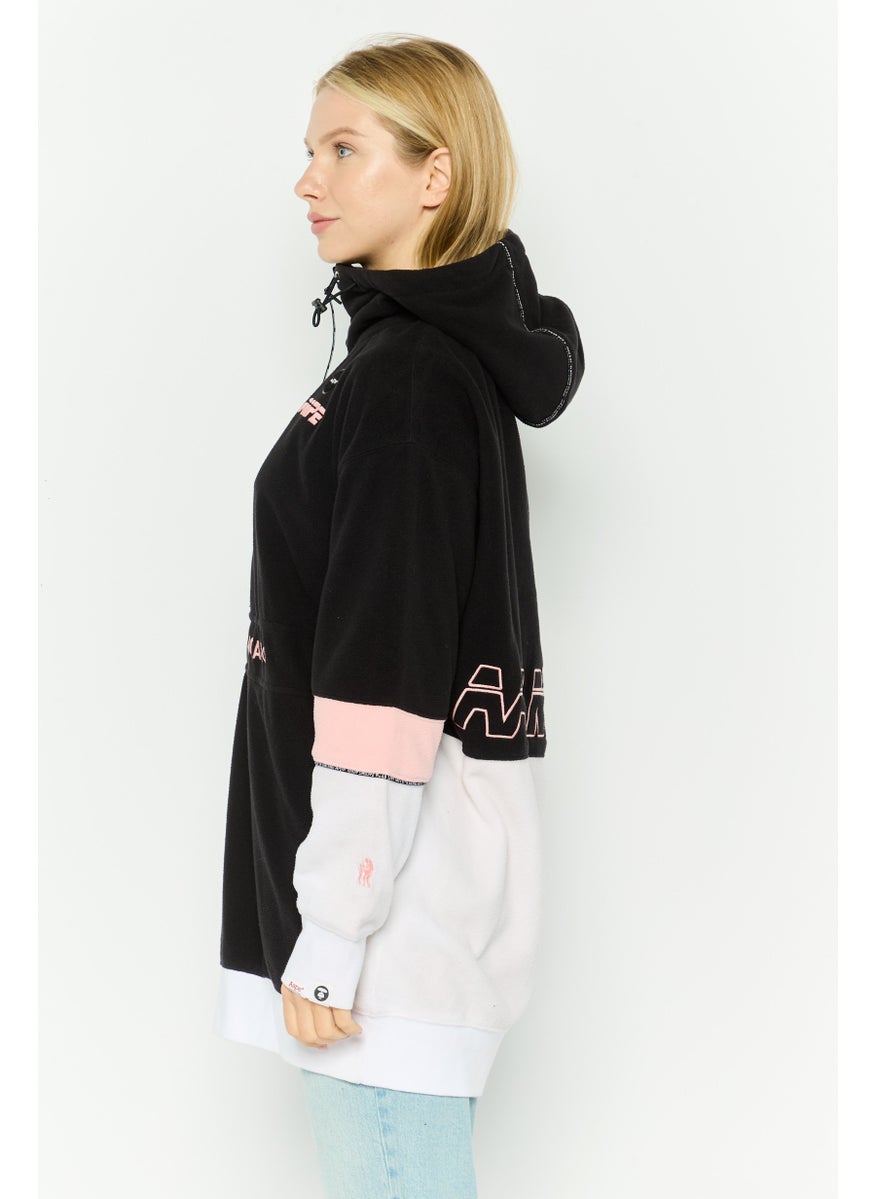 Women Hooded Embroidered Logo Long Sleeve Fleece Sweatshirt, Black Combo