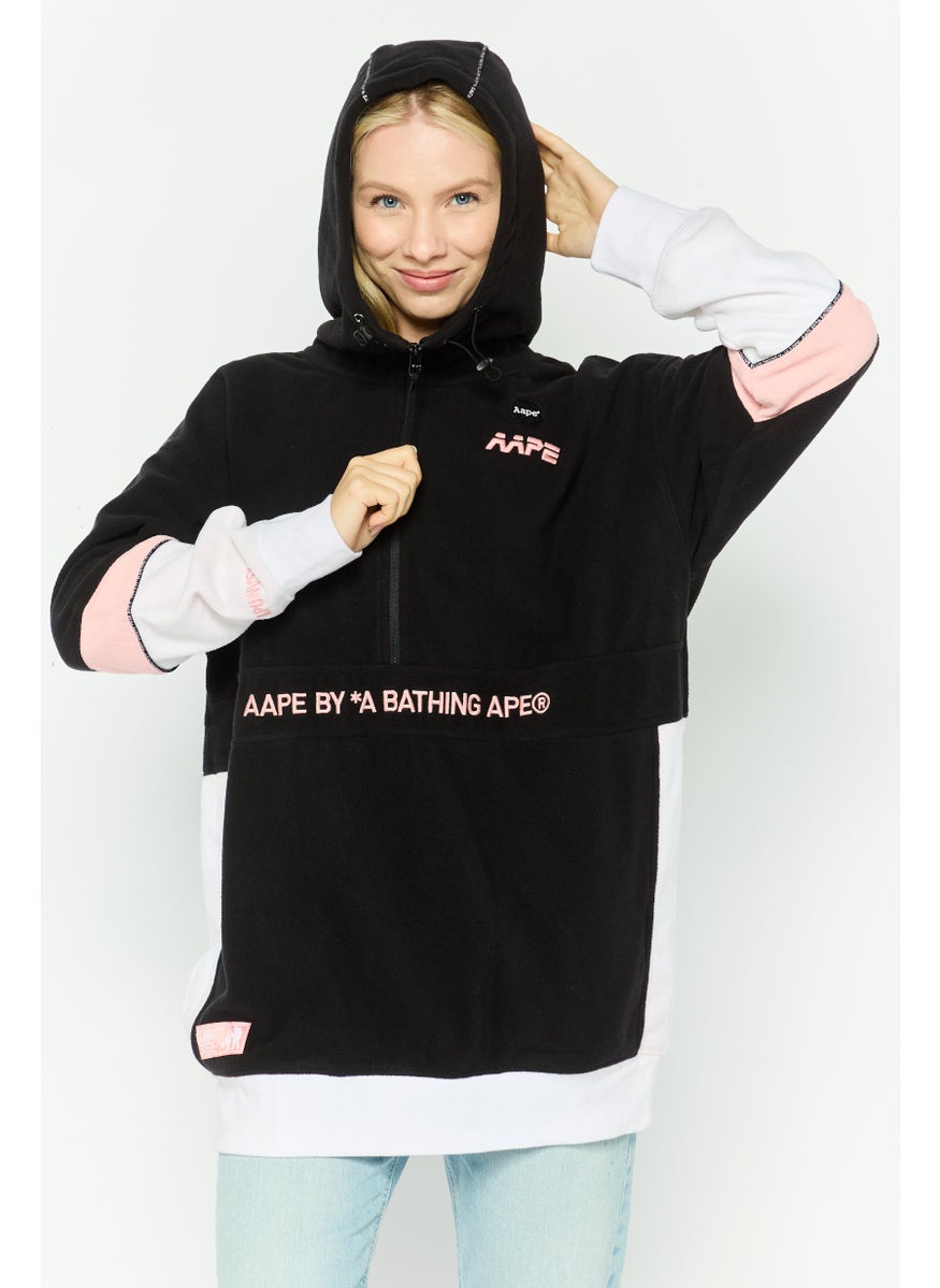 Women Hooded Embroidered Logo Long Sleeve Fleece Sweatshirt, Black Combo